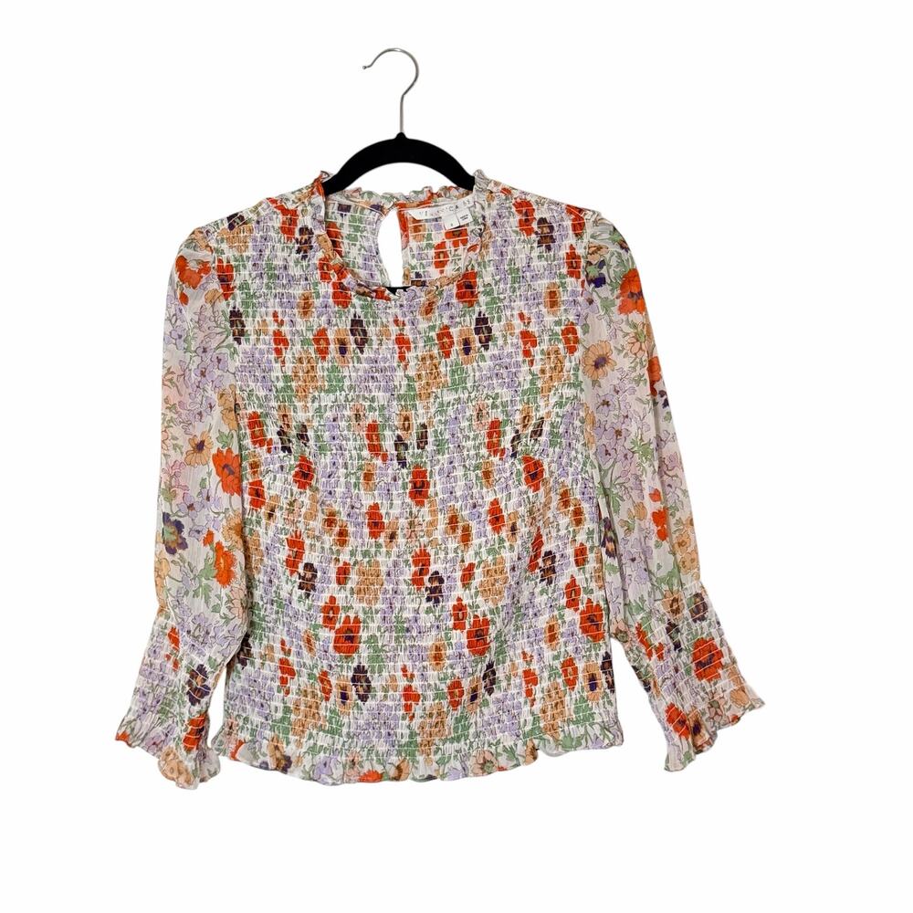 Veronica Beard White Floral Smocked Blouse with Orange and Purple Accents - Picture 3 of 7